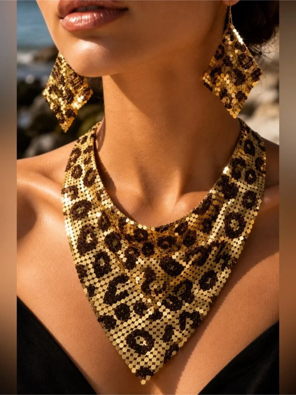 Gold and Brown Leopard Sequin Bib Necklace with Matching Earring
